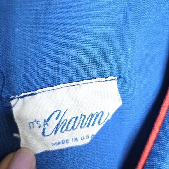 1970s Vintage Blue Front Zip Sun Bird Embroidered Pockets Duster Housedress USA - Picture 6 of 6